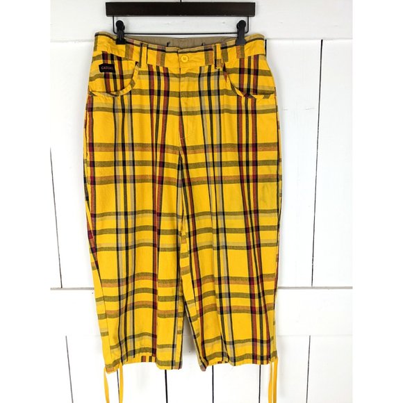 90s vintage yellow plaid wide leg cropped cotton high waisted drawstring pants - Picture 2 of 9